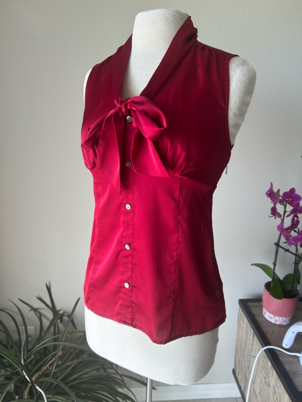 Express Sleeveless Red Tie-Neck Blouse